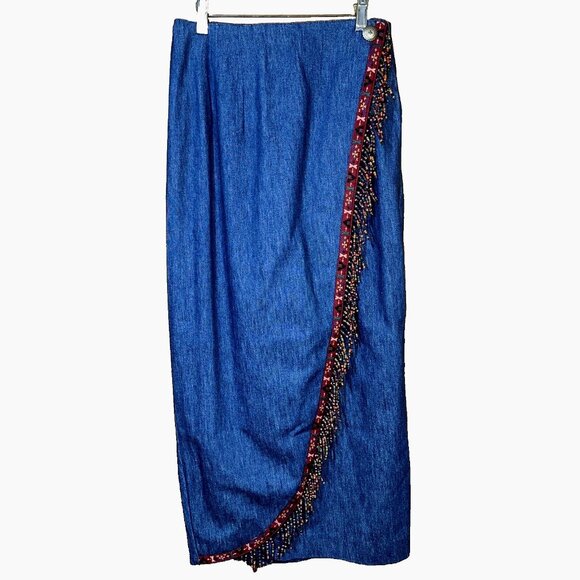 VTG Pine Cove 90s Y2K Cotton Denim Full Wrap Maxi Skirt Aztec Beaded Fringe 10 - Picture 1 of 4